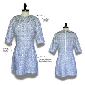 Preppy Silver Brocade Dress WeddingGuest Church Minimalist Retro Career Classy
